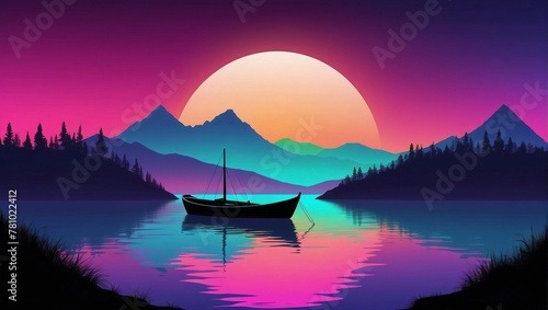 Simple landscape with dark silhouette of A Boat on lake at sunset on a colorful gradient background
