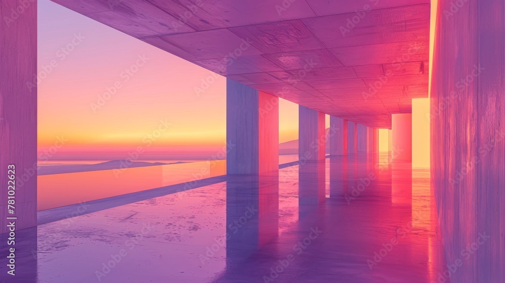 Reflective Purple and Pink Open Space with Ocean View at Dawn
