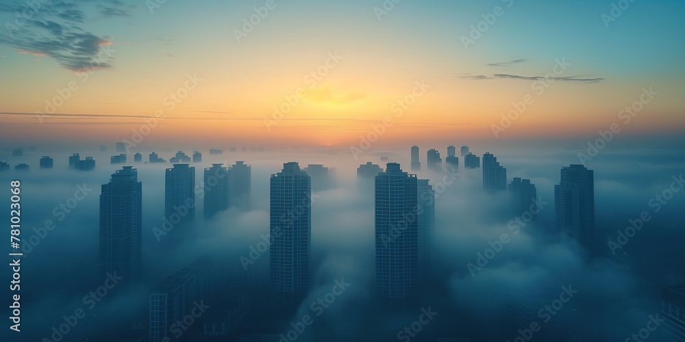 An aerial view of skyscrapers in the fog. Beautiful fog skyline. Calm atmosphere. Business wallpapers. Generative AI