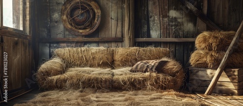 Inside a barn, a ladder leans against the wall next to a couch covered in straw and hay photo