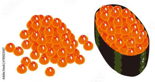 Salmon roe gunkan roll against white background