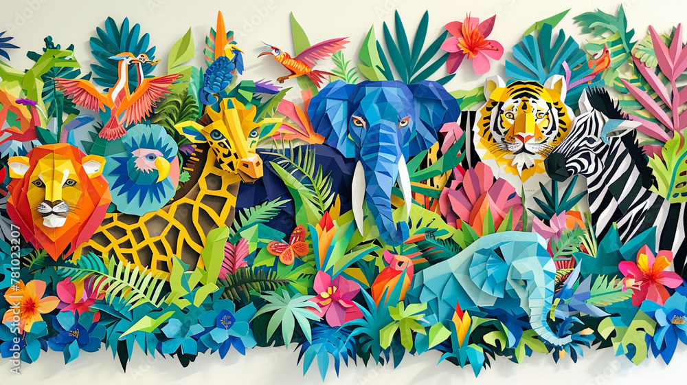 A vibrant mural made from artfully cut paper animals, each sticker glued onto a canvas, creating a lively and colorful animal kingdom