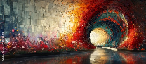 A captivating painting depicting a tunnel with a radiant light shining at the distant end, creating an enchanting visual perspective photo