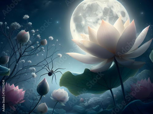 lotus flower is illuminated by the soft glow of the full moon and spider
