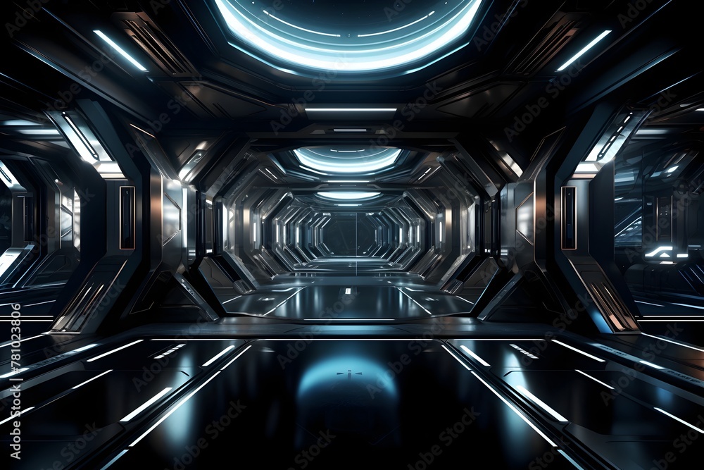 Futuristic Sci-Fi Hallway of a Spaceship Interior with Sleek Geometric Architecture and Glowing Illumination Futuristic Sci-Fi Hallway of a Spaceship Interior with Sleek Geometric Architecture and Glowing Illumination