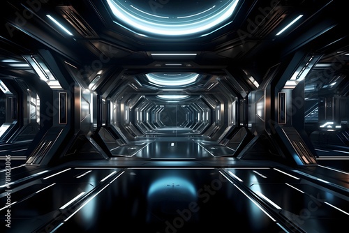 Futuristic Sci-Fi Hallway of a Spaceship Interior with Sleek Geometric Architecture and Glowing Illumination