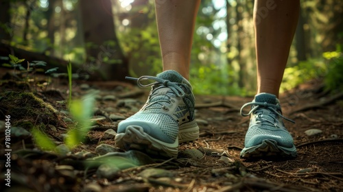 Trail running shoes on a forest path, detailed close-up capturing the texture of adventure