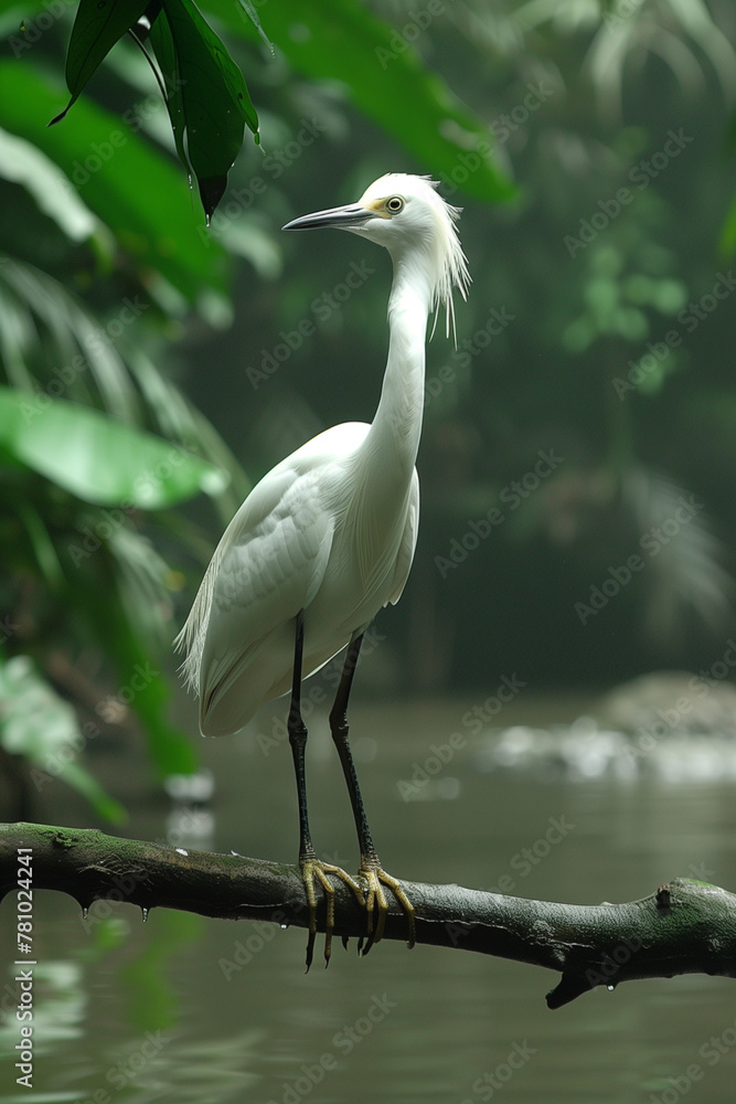 Naklejka premium Elegant Egret Standing on a Branch Over Water