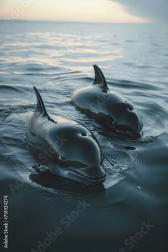 Two dolphins swimming in the ocean with their heads facing each other. Generative AI.