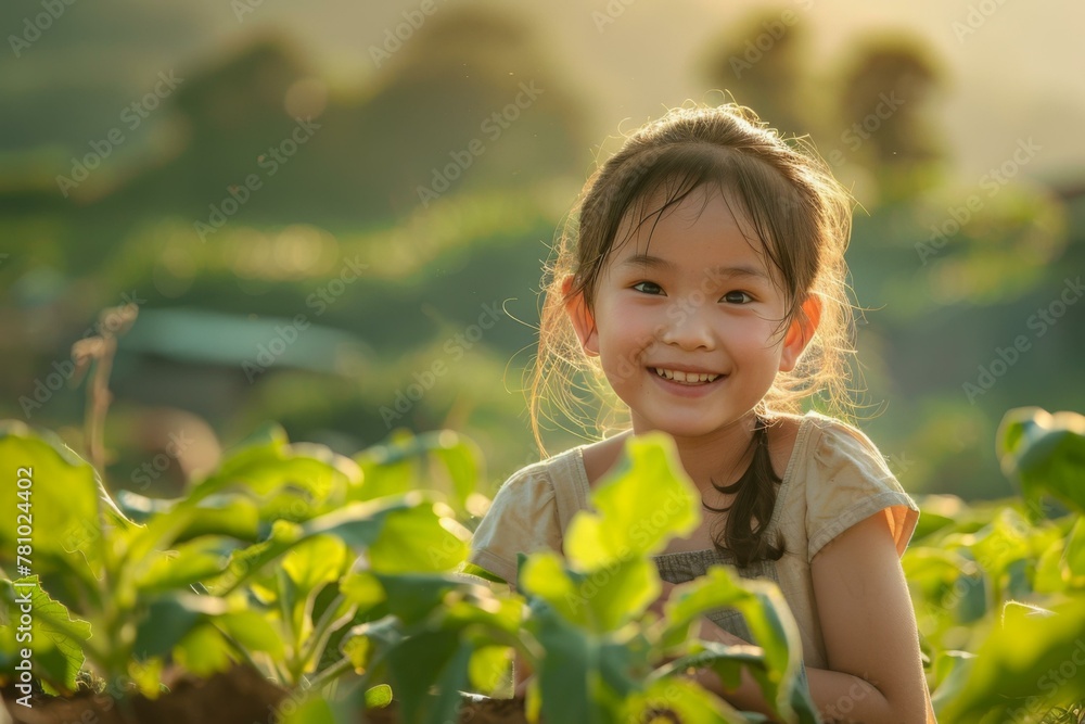 A young girl smiling in a field of plants. A young girl smiling in a field of plants.