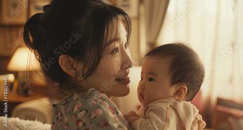 a mother holding her baby, both wearing light yellow , with the background being beige and warm tones.