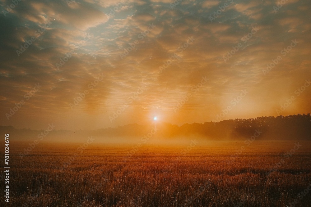 Sunrise over a field with fog in the background. Generative AI.