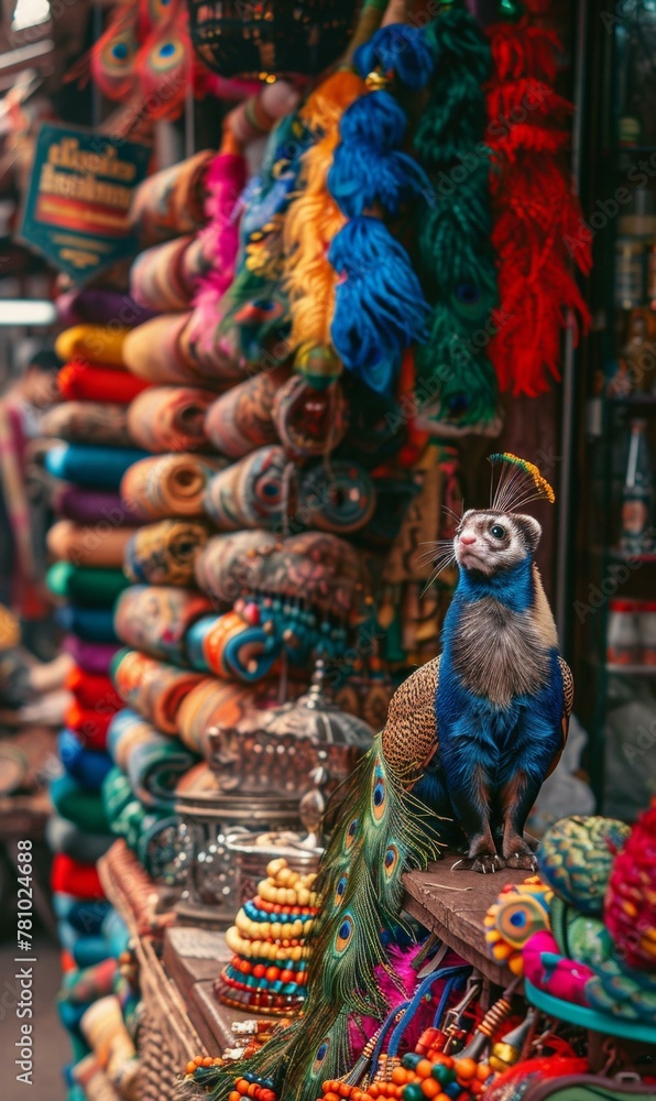 Fototapeta premium A bird sitting on top of a table with colorful beads. Generative AI.