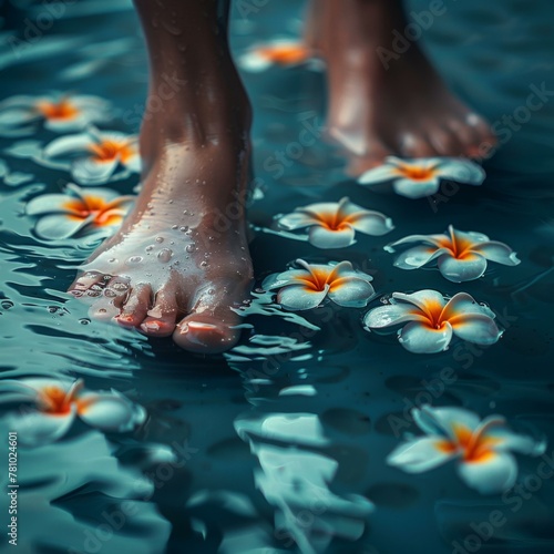 A person's feet are in the water with flowers floating around them. Generative AI.