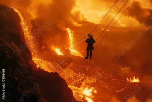 A man is standing on a rope in front of the lava. Generative AI.