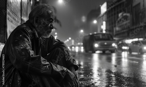 A man sitting on a bench in the rain at night. Generative AI.