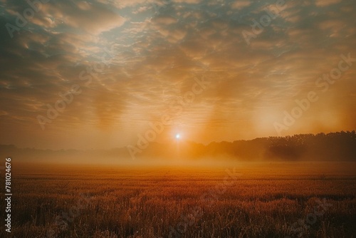 Sunrise over a field with fog in the background. Generative AI.