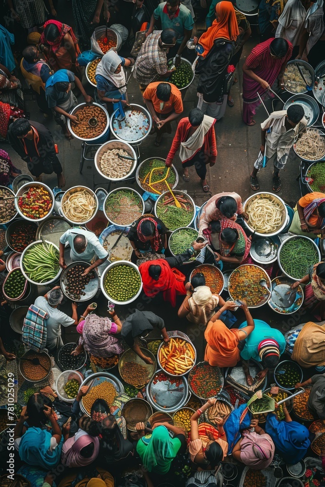 A group of people standing around a large number of bowls filled with food. Generative AI.