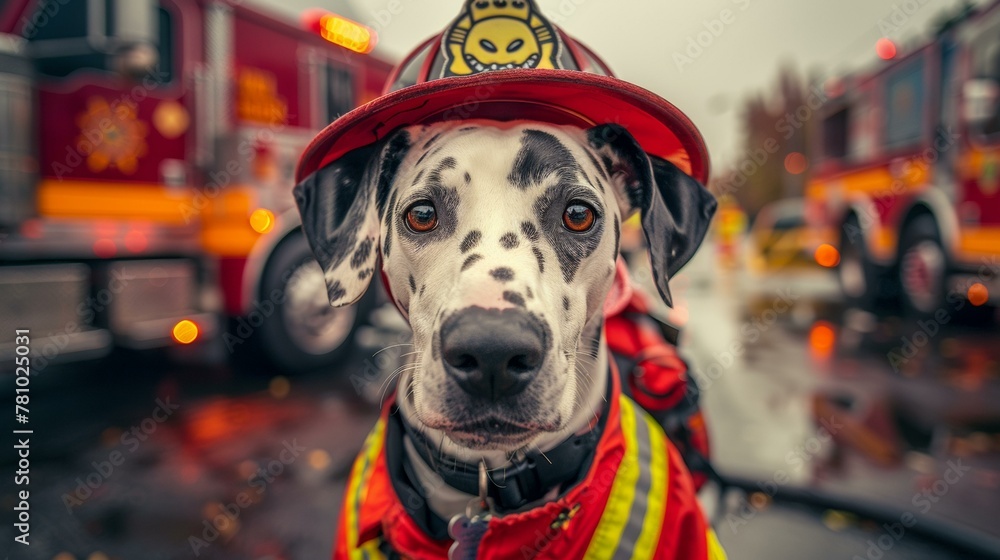A dalmatian dog wearing a fireman's hat and red jacket. Generative AI.