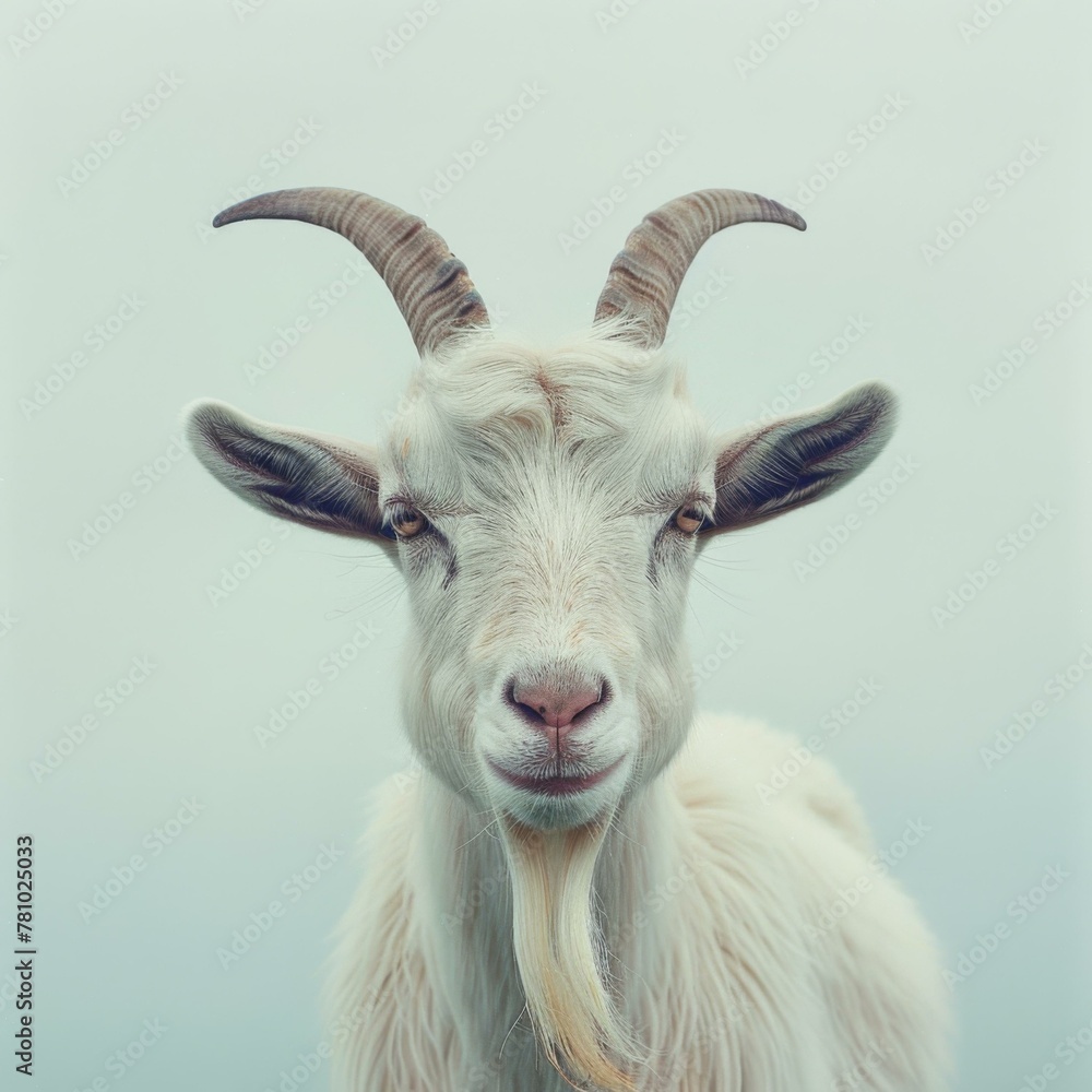 A goat with long horns standing in front of a foggy background. Generative AI. A goat with long horns standing in front of a foggy background. Generative AI.