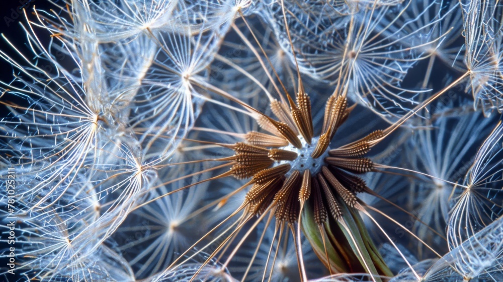 Obraz premium An enlarged view of a dandelion seed head revealing the countless tiny spores attached to each parachutelike filament.
