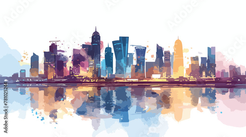 Doha City skyline Qatar. Watercolor splash with han photo