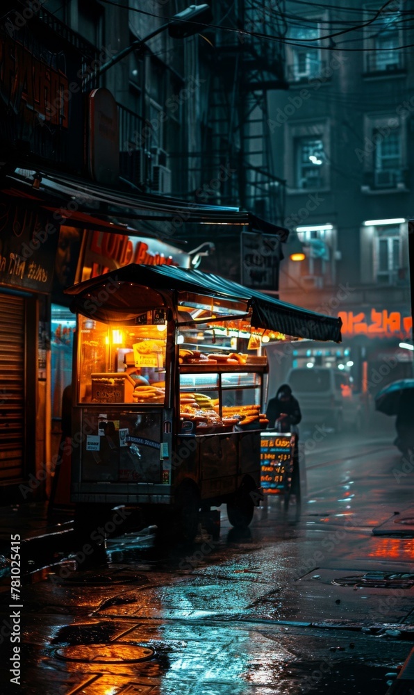 A street scene with a food cart in the rain. Generative AI.