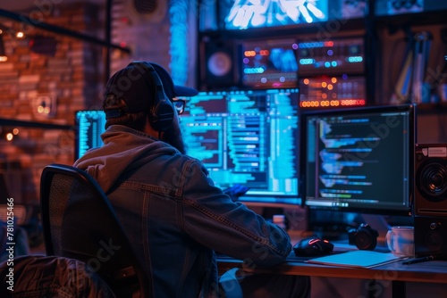 A man sitting at a desk with headphones on and looking down. Generative AI.