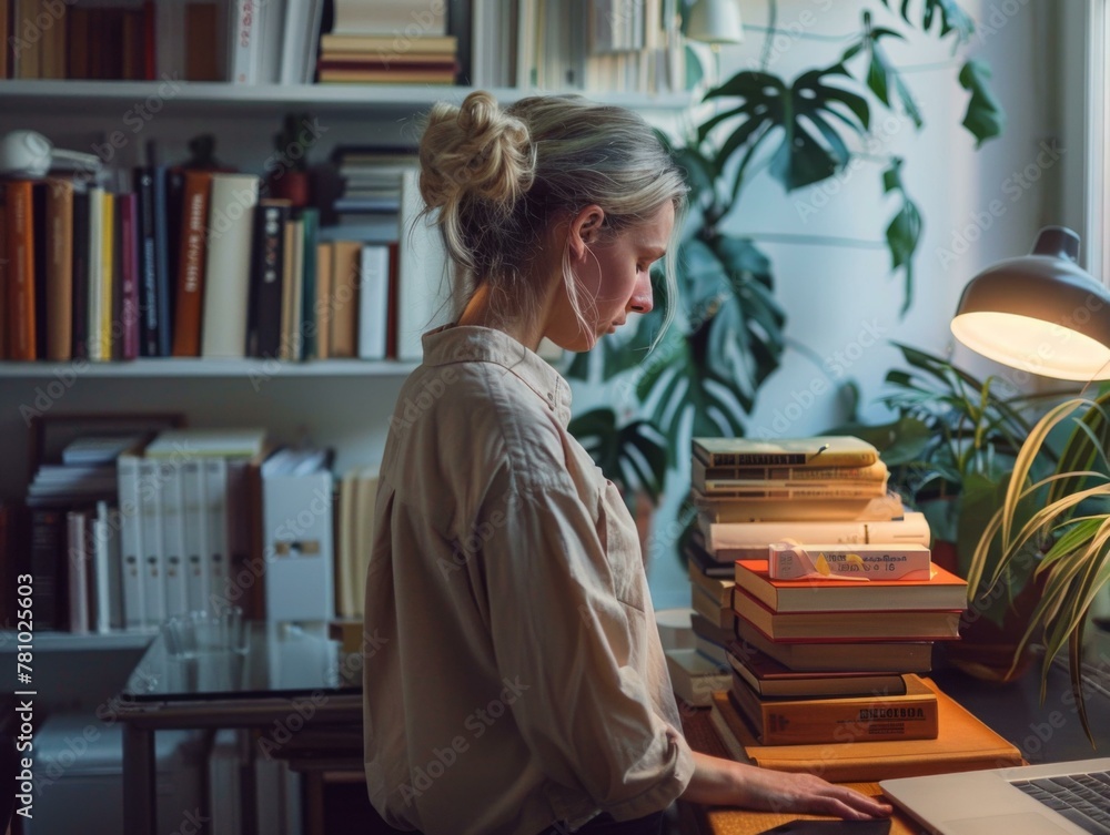 A woman sitting at a desk with a laptop and a stack of books. Generative AI. A woman sitting at a desk with a laptop and a stack of books. Generative AI.