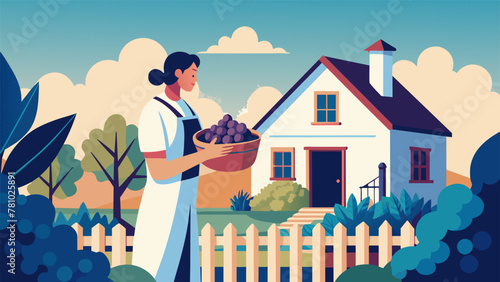 In a small suburban backyard a devoted homeowner is seen checking on the progression of their gvines. They have a basket filled with ripe gs