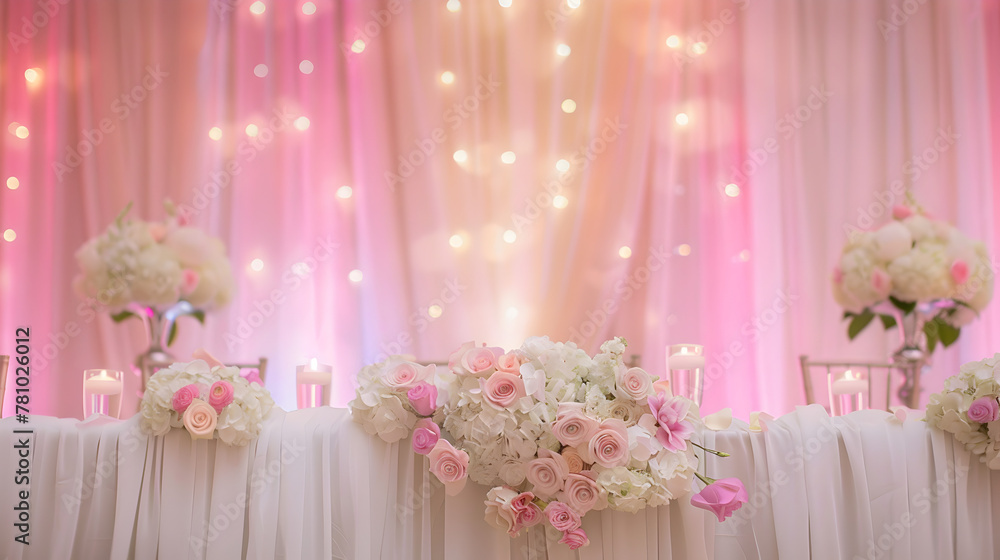 A table with a pink and white tablecloth and a pink and white floral arrangement. The table is set for a special occasion, and the flowers are arranged in a way that creates a sense of elegance