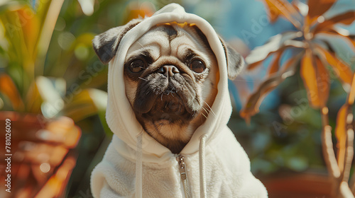 Pug in White Hoodie, Quizzical Expression, Tropical Backdrop, Comical Dog Portrait