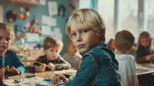 Generative AI : Portrait of blonde boy doing arts and crafts sitting at table with diverse group of children photo