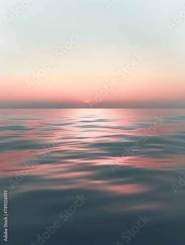 A beautiful ocean scene with a pink and orange sunset in the background. The water is calm and the sky is a mix of pink and blue