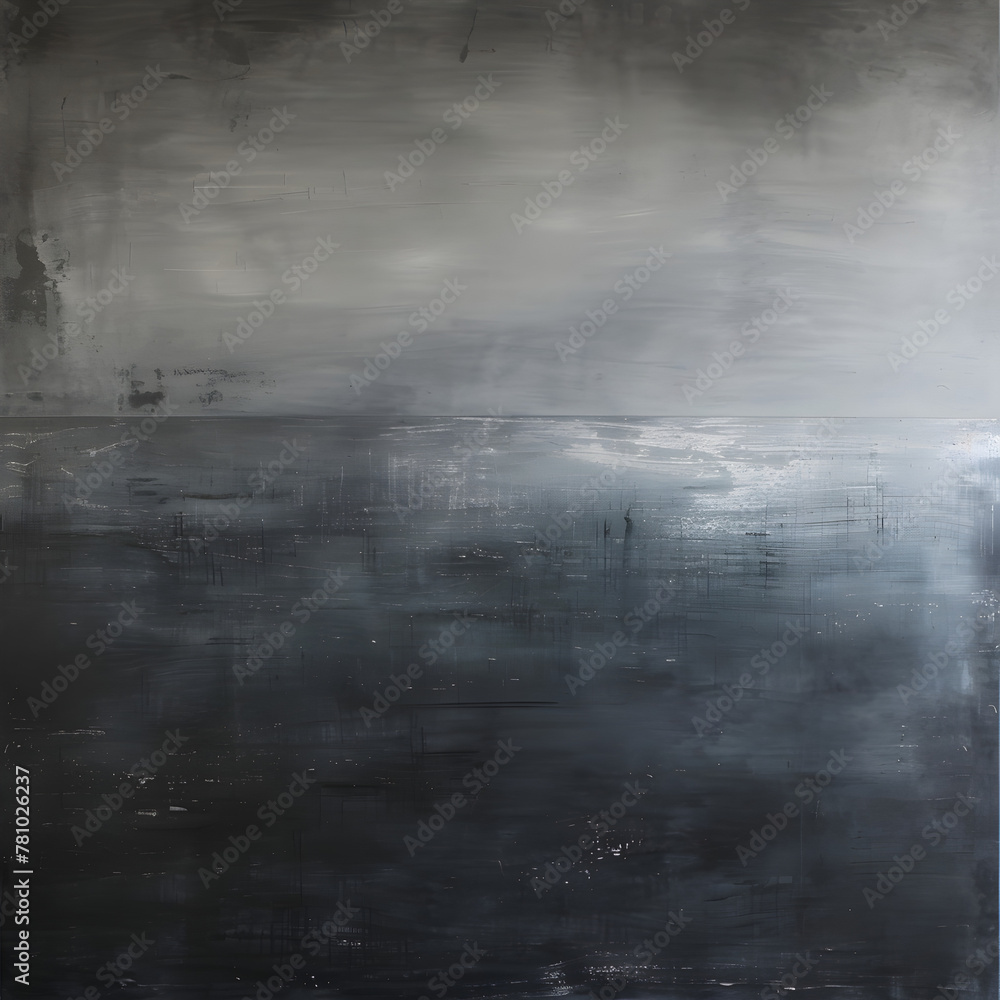 A painting of a grey ocean with a dark sky. The painting is abstract and has a moody atmosphere A painting of a grey ocean with a dark sky. The painting is abstract and has a moody atmosphere