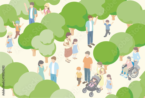 アイソメトリック　家族　ファミリー　レジャー　夏　人物　親子　ベビー　キッズ　イラストセット