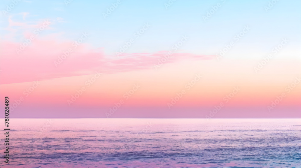 A beautiful, serene ocean scene with a pink and purple sky. The sky is filled with clouds, and the water is calm and still. Concept of peace and tranquility