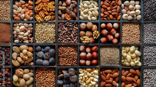 A wooden box comprised of a grid of distinctly sized mixed nuts as the backdrop overhead view assorted items over small boxes and space, Generative AI.