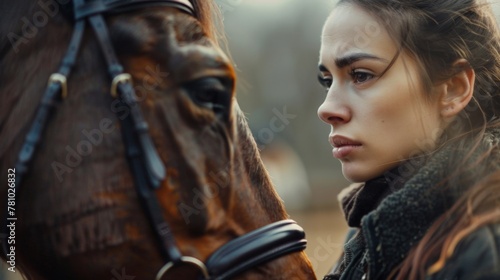 Woman standing beside horse with bridle