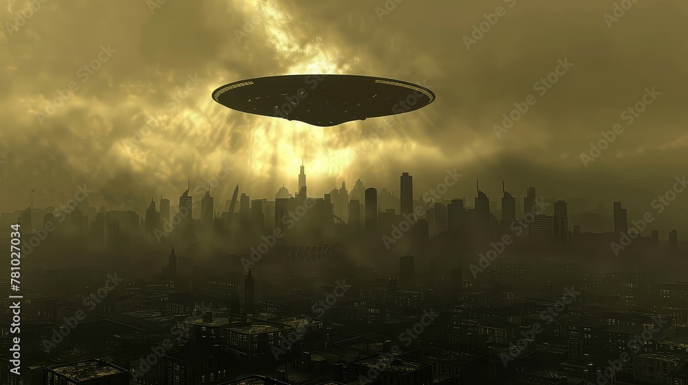 Alien invasion. An alien spaceship hovered over a densely populated city. The alien spacecraft looms ominously, its sleek metallic exterior contrasting with the familiar cityscape below. Alien invasion. An alien spaceship hovered over a densely populated city. The alien spacecraft looms ominously, its sleek metallic exterior contrasting with the familiar cityscape below.