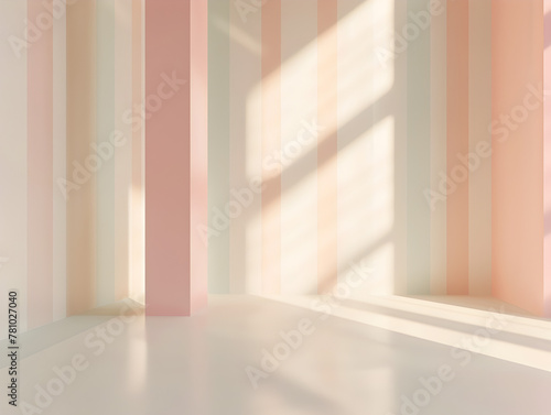 A room with a white wall and pink stripes. The room is empty and has a bright  cheerful atmosphere