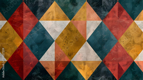 A colorful pattern of squares and triangles. The colors are red, yellow, and blue