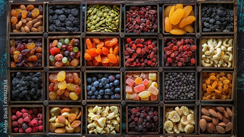 A wooden box comprised of a grid of distinctly sized mixed dry fruits as the setting overhead view assorted items over small boxes and space, Generative AI.