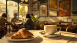 Freshly baked croissant and cappuccino on marble table, with blurred cafe background in warm light.