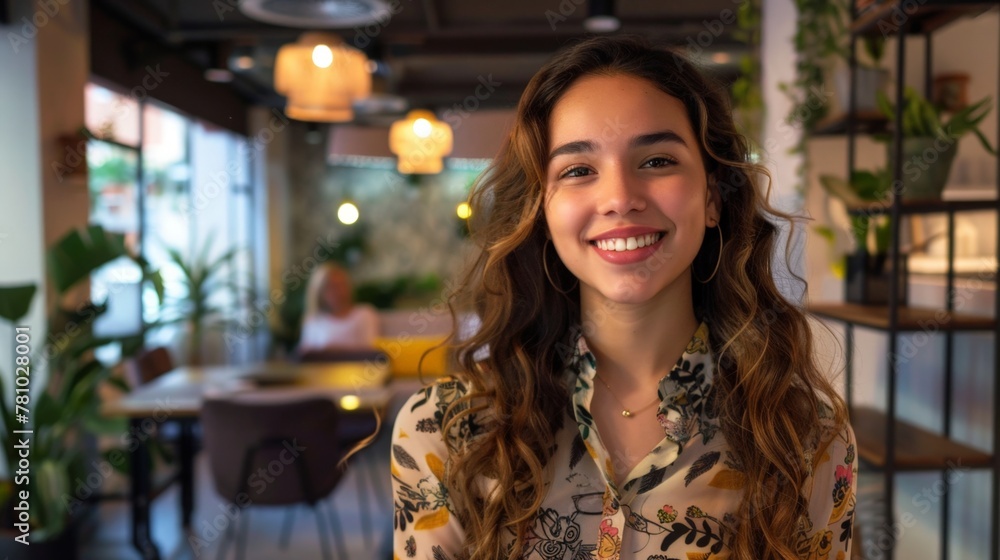 Smiling woman with long brown hair in floral top Smiling woman with long brown hair in floral top