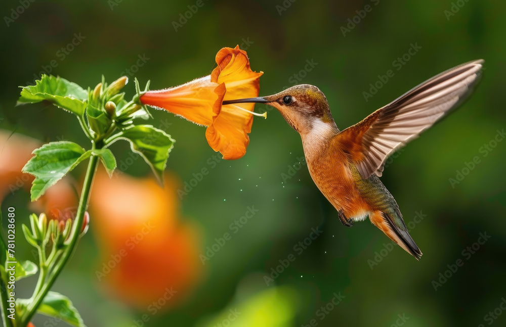 Obraz premium A hummingbird hovering near an orange flower, with its iridescent plumage and long beak in focus against the blurred background of green leaves and other flowers