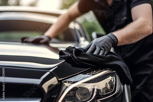 A man Wearing gloves and clean black Car front with microfiber cloth, car detailing , providing service , Selective focus