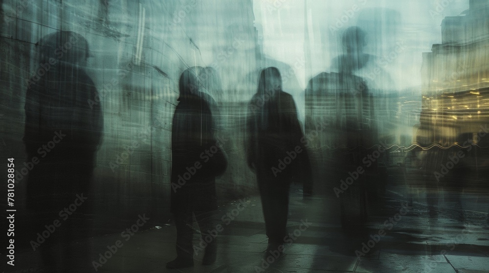 A group of blurred figures facing away from the camera their dark silhouettes merging with the muted tones of the faded building behind . . A group of blurred figures facing away from the camera their dark silhouettes merging with the muted tones of the faded building behind . .