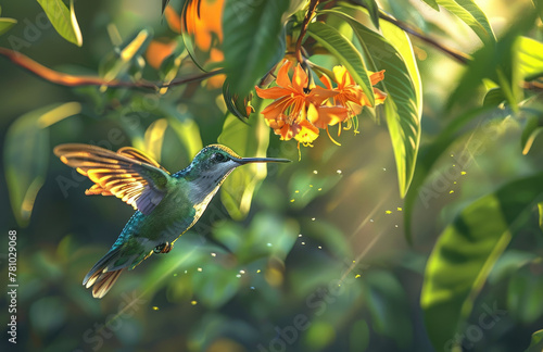 A hummingbird hovering near an orange flower, with its iridescent plumage and long beak in focus against the blurred background of green leaves and other flowers
