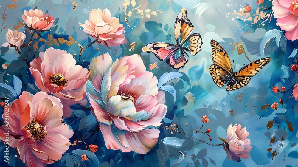 Lovely antiquated wall art with vast pink and blue flowers and butterflies over a blue backdrop, symbolic of antique analog wallpaper and space, Generative AI. - obrazy, fototapety, plakaty 